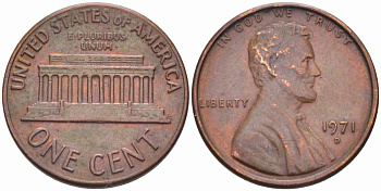 США 1 ЦЕНТ 1971 D, ЛИНКОЛЬН KM 201 медь цинк 105-635