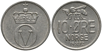Норвегия 10 эре 1972 пчела, Улаф V (1958-1991) KM 411 медно-никель 214-226