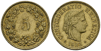 Швейцария 5 раппенов 1983 KM 26c алюминиевая бронза 4173-1053