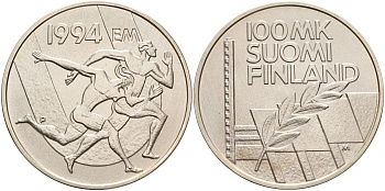 Финляндия 100 марок 1994 стадион дружбы, бег KM 78 серебро UNC 1066-4-64