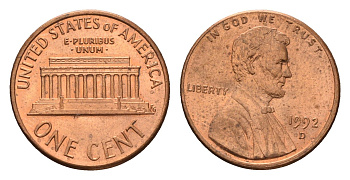 США 1 цент 1992 Авраам Линкольн KM 201b цинк плакированный медью UNC 4613-638