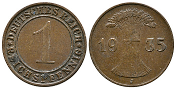 Германия 1 рейхспфенниг 1935 J KM 37, J. 313, Weege 2 бронза 220-126