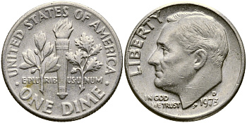 США 10 ЦЕНТОВ = 1 ДАЙМ 1973 D, РУЗВЕЛЬТ KM 195а медь плакированная медно-никелем 54-925