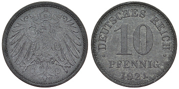 Германия 10 пфеннигов 1921 KM 26, J. 299, Weege 8 цинк 4119-313