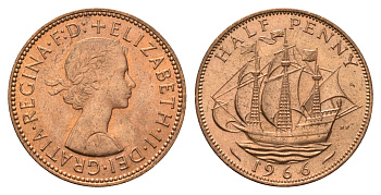 Великобритания 1/2 пенни 1966 Елизавета II (1952-2022) KM 896, Spink 4158 бронза UNC 4119-1227
