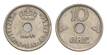 Норвегия 10 эре 1947 Хокон VII (1905-1957) KM 383 медно-никель 4632-1135