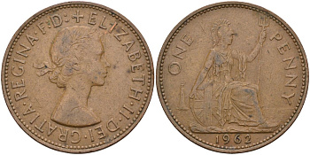 Великобритания 1 пенни 1962 Елизавета II (1952-2022) KM 897, Spink 4157 бронза 4117-845