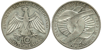 ФРГ 10 марок 1972 G, XX летние Олимпийские игры 1972 года в Мюнхене, символика KM 131, J.402 серебро 1520-233