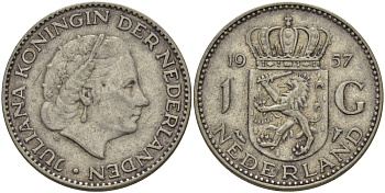 Нидерланды 1 гульден 1957 Юлиана (1948-1980) KM 184 серебро 98-1133
