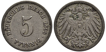 ГЕРМАНИЯ 5 ПФЕННИГОВ 1899 F KM 11, Jager 12, Weege 6 медно-никель 4547-366