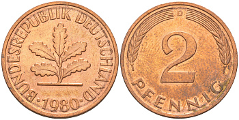 ФРГ 2 пфеннига 1980 D KM 106а, J. 381а сталь плакированная медью 55-1227