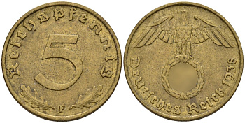 Германия 5 рейхспфеннигов 1938 F KM 91, J. 363 алюминиевая бронза 4151-856