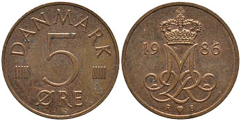 ДАНИЯ 5 ЭРЕ 1986 R; B, МАРГРЕТЕ II (1972-) KM 859.3 железо плакированное медью 116-169