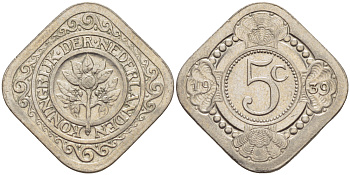 Нидерланды 5 центов 1939 Вильгельмина (1890-1948) KM 153 медно-никель 4181-1229