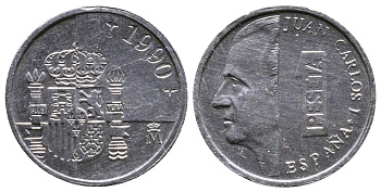 ИСПАНИЯ 1 ПЕСЕТА 1990 ХУАН КАРЛОС I (1975-) KM 832 алюминий 26-944