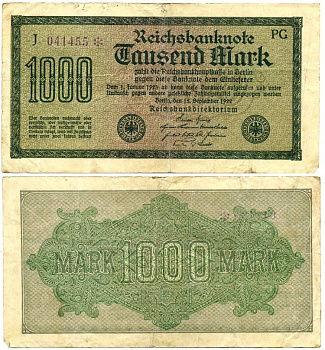 ГЕРМАНИЯ 1000 МАРОК 1922 15 СЕНТЯБРЯ 1922, ВОДЯНОЙ ЗНАК D, БЕЛАЯ БУМАГА Pick 76d бумага 7548-42-2