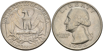 США 25 центов (квотер) 1974 Вашингтон KM 164a медь плакированная медно-никелем  4606-645