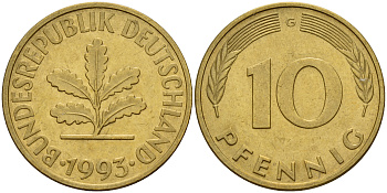 ФРГ 10 пфеннигов 1993 G J. 383, KM 108 сталь плакированная латунью    4603-651