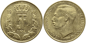Люксембург 5 франков 1986 Великий герцог Жан (1964-1999) KM 60.1 латунь 4397-511