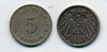 Германия 5 пфеннигов 1908 D KM 11, Jager 12, Weege 6 медно-никель 84-1662