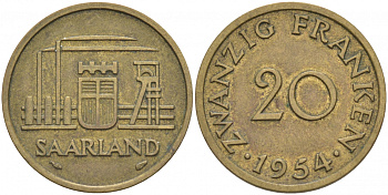 Саарланд 20 франков 1954 индустрия KM 2 алюминиевая бронза 68-543
