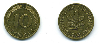 ФРГ 10 ПФЕННИГОВ 1994 J KM 108 бронза 46-2554