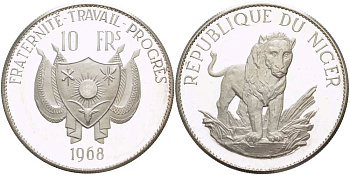 Нигер 10 франков 1968 лев, с чертой над Е, в слове Republique, тираж 1000 экземпляров KM 8.1 серебро PROOF 1080-8-14