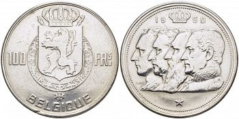 Бельгия 100 франков 1950 Belgique, королевская династия KM 138.1 серебро 4127-942