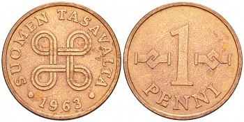 Финляндия 1 пенни 1963 первый год KM 44 медь 4547-1021