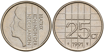 Нидерланды 25 центов 1991 Беатрикс (1980-2013) KM 204 никель    4598-443