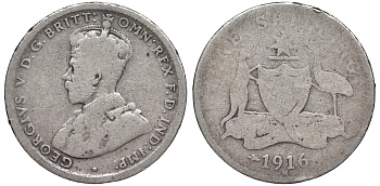 Австралия 1 шиллинг 1916 Георг V (1910-1936), герб Австралии KM 26 серебро    4606-145