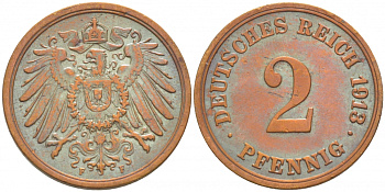Германия 2 пфеннига 1913 F KM 16, J. 11, Weege 4 медь 3718-237
