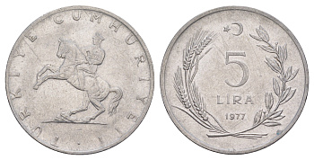 Турция 5 лир 1977 Кемаль Ататюрк KM 905 нержавеющая сталь 4645-525