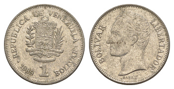 Венесуэла 1 боливар 1989 Симон Боливар, тонкий шрифт Y 52a.1 сталь плакированная никелем 4589-1243