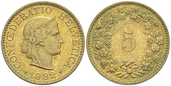 Швейцария 5 раппенов 1982 KM 26с алюминий латунь 105-737