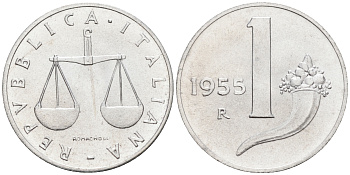 Италия 1 лира 1955 R, весы KM 91 алюминий  UNC  4594-643
