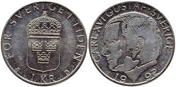 Швеция 1 крона 1992 Карл XVI Густав (1973- ) KM 852a медно-никель 4381-421