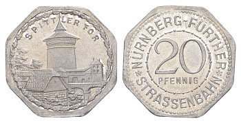 Нюрнберг трамвайный (транспортный) жетон в 20 пфеннигов ND (1920-1921) Ворота Шпиттлера Men05 19256.34, Men18 24102.34 алюминий UNC 3459-522