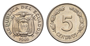 Эквадор 5 сентаво 1946 год-тип KM 75b медно-никель UNC 4697-336