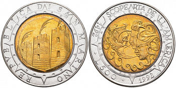 Сан-Марино 500 лир 1992 500 лет открытия Америки KM 286 биметалл UNC 58-1013 M2-18