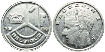 Бельгия 1 франк 1989 Belgique, Бодуэн I (1951-1993) KM 170 железо плакированное никелем 4392-863