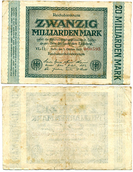 ГЕРМАНИЯ 20000000000 МАРОК 1923 ВОДЯНОЙ ЗНАК G Pick 118f бумага 7548-79-1
