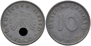 ГЕРМАНИЯ 10 РЕЙХСПФЕННИГОВ 1942 A KM 101, J. 371 цинк 4401-632