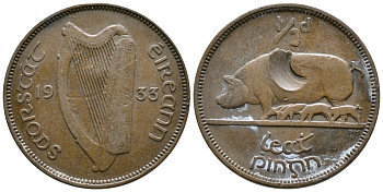 Ирландия 1/2 пенни 1933 свинья с поросятами KM 2 бронза 41-815
