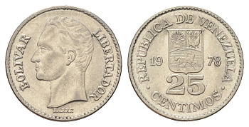 Венесуэла 25 сентимо 1978 Симон Боливар Y 50 никель UNC 4173-921
