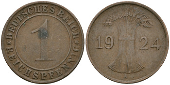 Германия 1 рейхспфенниг 1924 A KM 37, J. 313 бронза 4189-1063