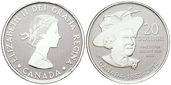 Канада 20 долларов 2012 60 лет правления Королевы Елизаветы II, в шляпе, Елизавета II (1952-2022) KM 1239 серебро PROOF 11-164-32