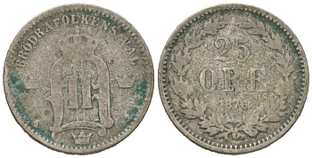 Швеция 25 эре 1876 ST, Оскар II (1872-1907) KM 738 серебро 4611-369