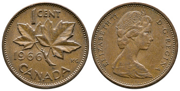 Канада 1 цент 1966 Елизавета II (1952-2022), кленовый лист KM 59.1 бронза 46-1411