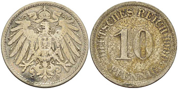Германия 10 пфеннигов 1900 A KM 12, J. 13, Weege 8 медно-никель 261-1353